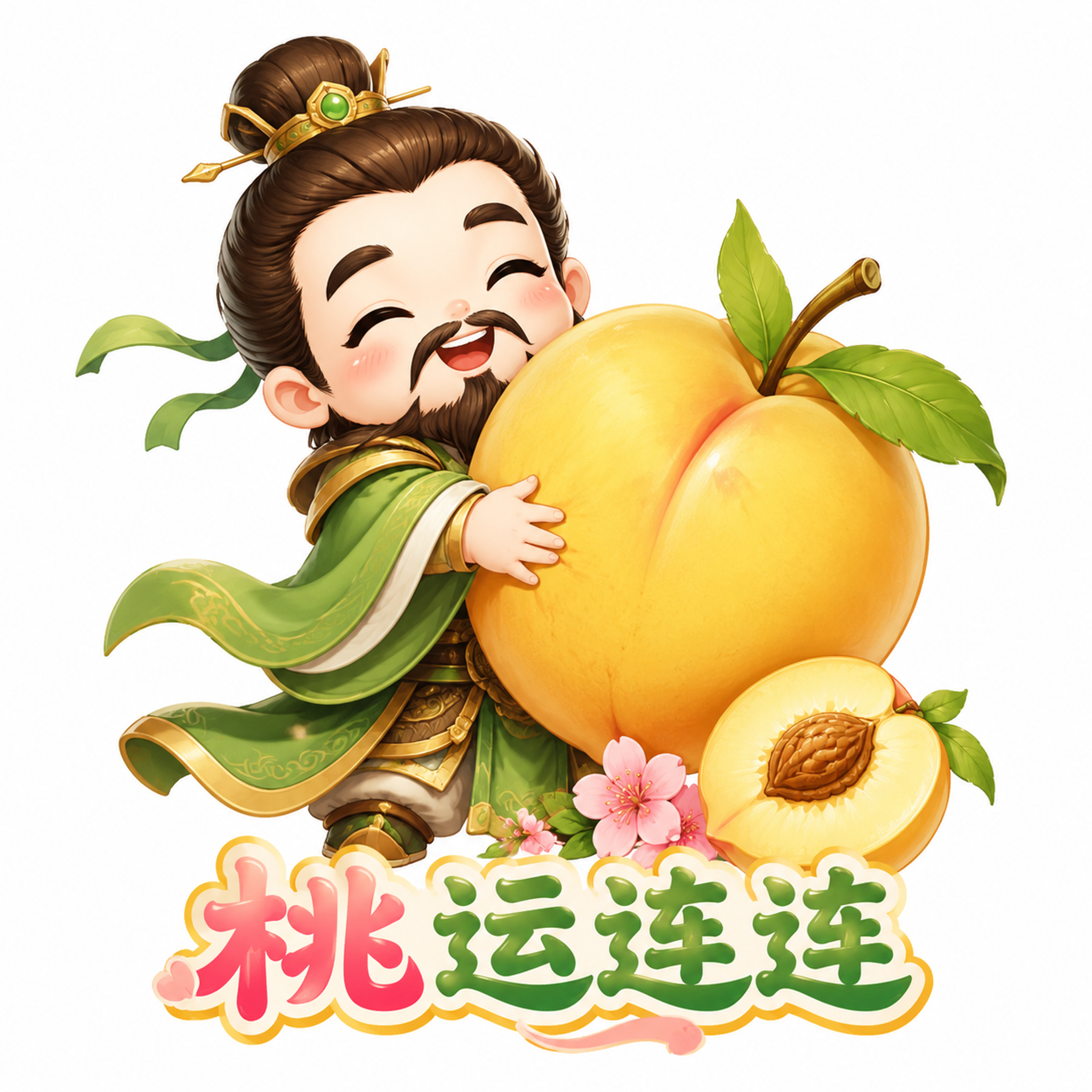创意可爱Q版插画，刘备形象与黄金桃搭配，刘备做出抱着黄金桃的可… - 图片创意预览
