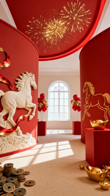 帮我生成五张，这是一个具有浓郁新春喜庆风格的室内场景，采用低角度仰视的纵深构图，打造出开阔且富有层次感的空间。整体以热烈的正红色与华贵的金色为主色调，搭配浅米色的地面与墙面过渡区域，营造出奢华大气的氛预览效果