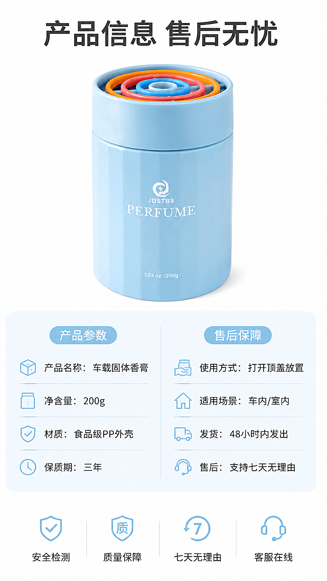 [第8屏] 参数规格与售后保障信息卡。本屏使用【图1】作为产品主体，保持产品外形、结构、颜色与输入产品图一致。
[氛围/风格] 简约信息卡风格，干净清晰，专业可信。
[元素布局] 产品放在画面上半部分居中位置，占画面40%高度，下半部分为参数信息卡和售后保障图标区，整体从上到下排版，层次清晰。
[光影质感] 均匀柔和光线，产品清晰明亮，信息文字清晰可读，整体干净清爽。
[配色色系] 全局底色：#FFFFFF（纯白）；信息卡背景：#F0F8FF（浅蓝）；图标：浅蓝色；文字：深灰色。
[视角构图] 产品正面居中摆放，下半部分信息卡片整铺，构图稳定均衡，信息分区清晰。
[文字版式] 顶部大标题「产品信息 售后无忧」深灰色粗体居中；产品下方信息卡分两栏：
左侧参数：
产品名称：车载固体香膏
净含量：200g
材质：食品级PP外壳
保质期：三年
右侧售后：
使用方式：打开顶盖放置
适用场景：车内/室内
发货：48小时内发出
售后：支持七天无理由
底部四个售后保障图标分别配文字「安全检测」「质量保障」「七天无理由」「客服在线」，浅蓝色小图标配深灰色文字，整齐排列；文字排版清晰，不遮挡产品。
[比例分辨率] 9:16 竖版比例，4K分辨率，文字清晰可辨，超高清。
[负向提示词] 产品变形，结构错误，缺件错件，颜色偏差，水印，文字错乱，产品图模糊，背景杂乱，虚假参数，诱导点击按钮。