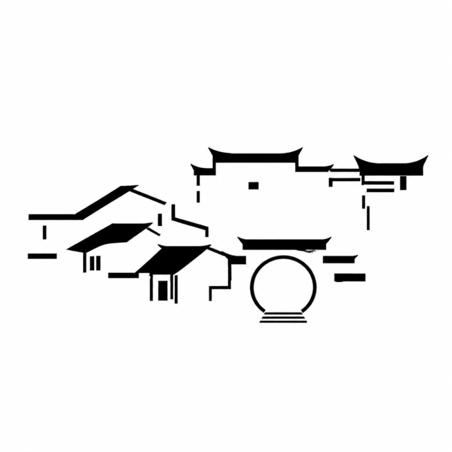 参考这张图片的极简黑白徽派建筑剪影风格，重新生成画面，添加1个圆形拱门，保持简约抽象的江南建筑设计感预览效果