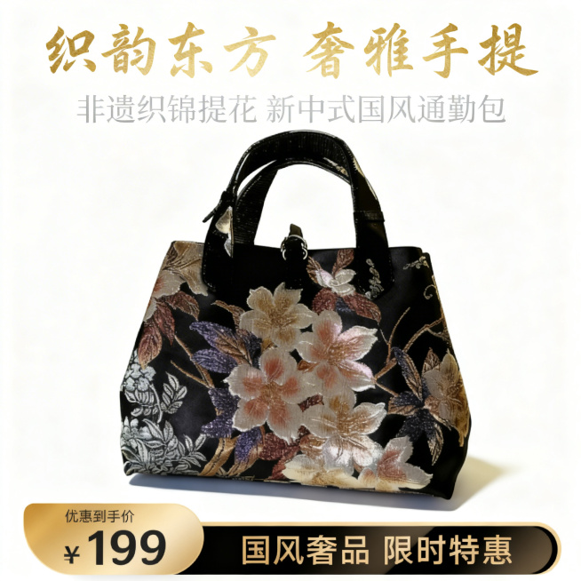 严格还原上传的产品图，包括包身的织锦提花花卉纹样、亮面真皮手柄、黑底撞色细节、金属五金配件等所有细节，产品置于画面绝对视觉中心，采用杂志风居中对称排版，主标题“织韵东方 奢雅手提”以烫金书法体悬浮于画预览效果