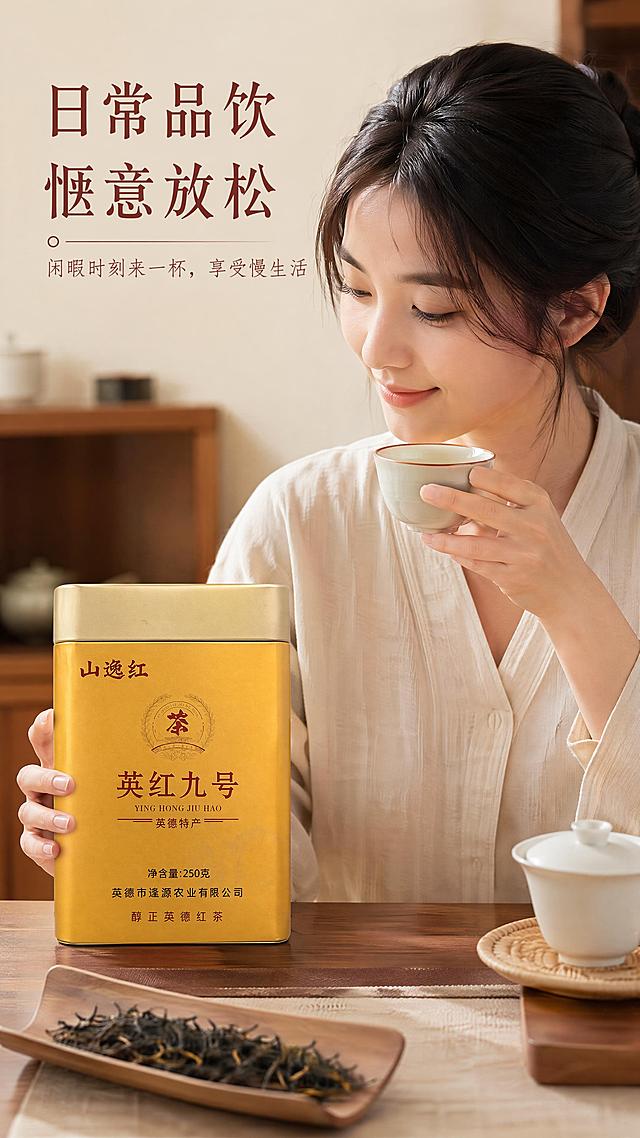 「图片1」，生成详情页，商品名称为英红九号红茶，适配拼多多平台，单图比例为9:16，需求屏数为8张。