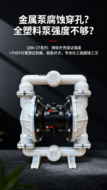 电商详情页模块设计，风格参考第一张图片的工业风明暗对比设计，主标题文字"金属泵腐蚀穿孔？全塑料泵强度不够？"，副标题文字"QBK-CF系列：铸铁外壳保证强度 + PVDF衬里保证耐腐，刚柔并济，专攻化预览效果