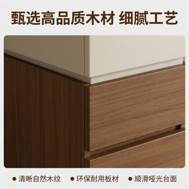 [主图 3] 沙发边几侧边柜材质细节展示
[氛围/风格] 去繁就简轻奢风格，保持全套主图统一的光影与配色，温暖高级质感。
[画面元素] 全屏放大展示深胡桃木柜体木纹与哑光米白台面材质纹理，突出真实清晰预览效果