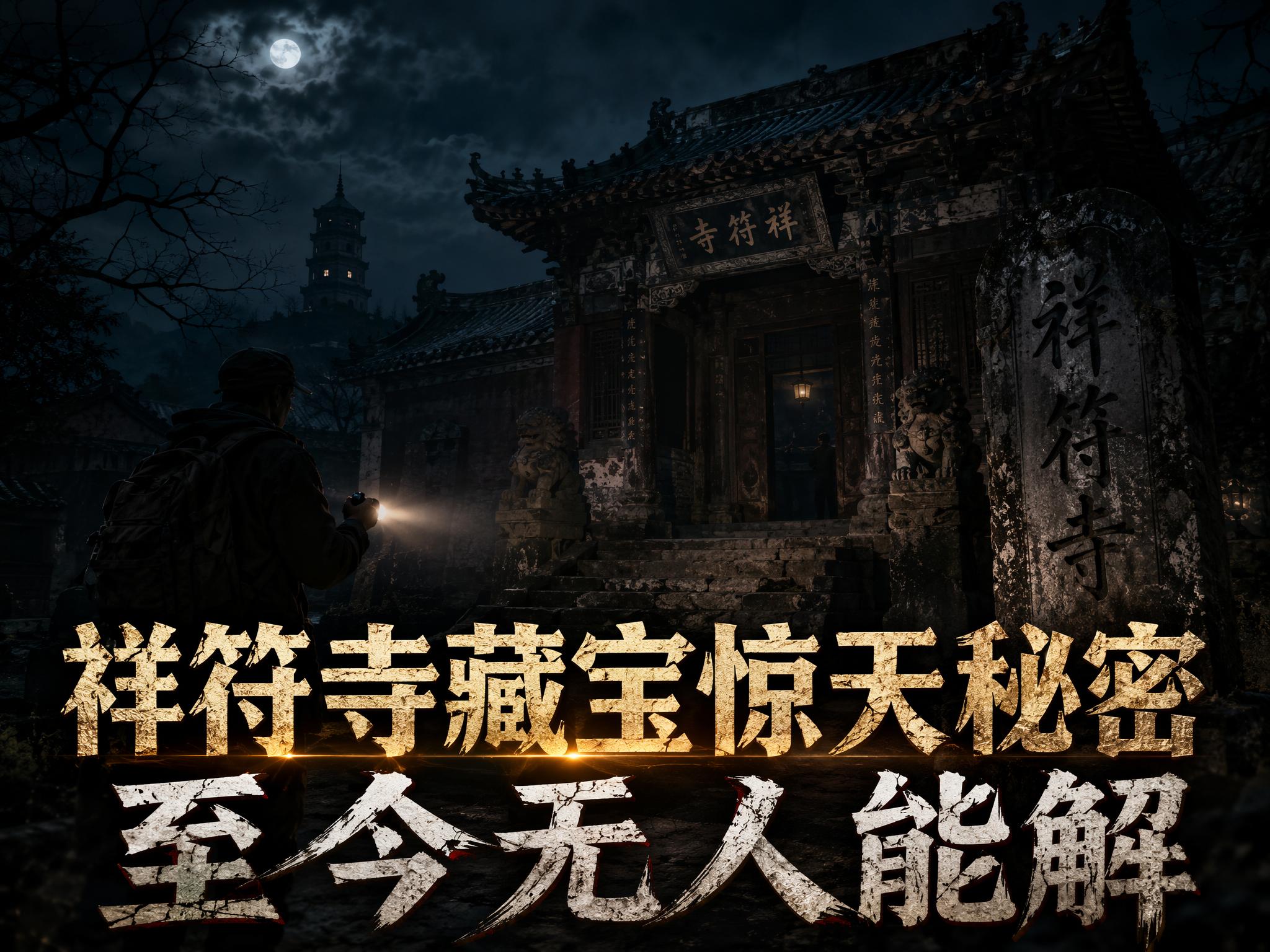 视频号封面图，标题为"祥符寺藏宝惊天秘密 至今无人能解"，风格… - 图片创意预览