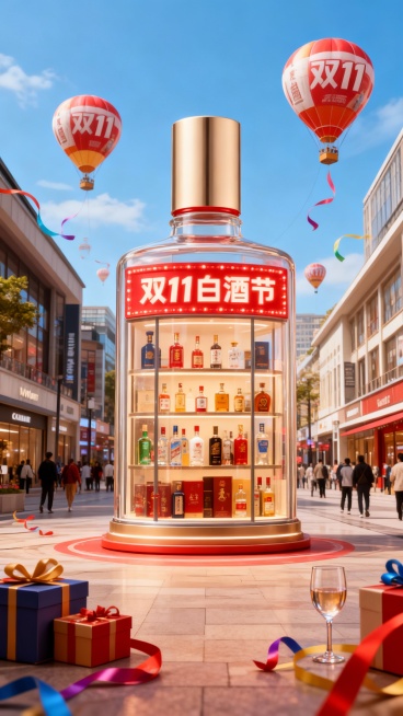 以商场街道为背景，中央是巨型白酒摆在地上，巨型白酒内部设计成橱窗形式，展示着各类化白酒，橱窗上红色灯牌写着“双11白酒节”。礼盒、酒杯、彩带元素装饰画面，背景点缀“双11”文字白酒造型热气球。预览效果