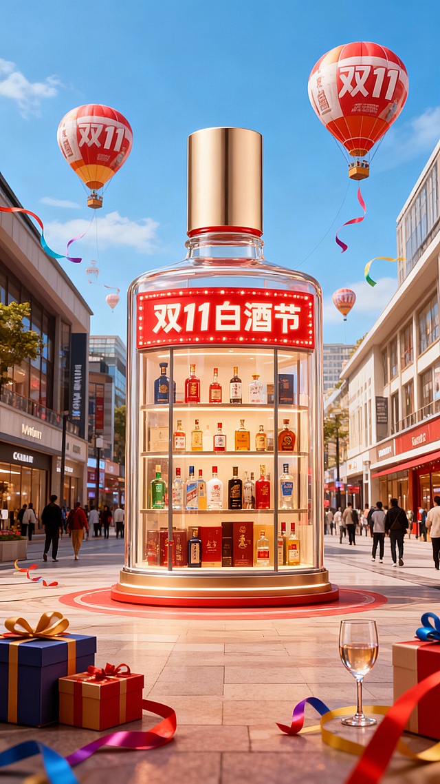 以商场街道为背景，中央是巨型白酒摆在地上，巨型白酒内部设计成橱窗形式，展示着各类化白酒，橱窗上红色灯牌写着“双11白酒节”。礼盒、酒杯、彩带元素装饰画面，背景点缀“双11”文字白酒造型热气球。