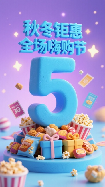 粘土材质的天蓝色数字 “5”，顶部设置 “秋冬钜惠 全场嗨购节” 天蓝色立体文字，底部堆满零食礼包；背景采用浅蓝紫渐变，融入星光，点缀优惠券、爆米花等元素，整体营造热闹的假期促销氛围预览效果