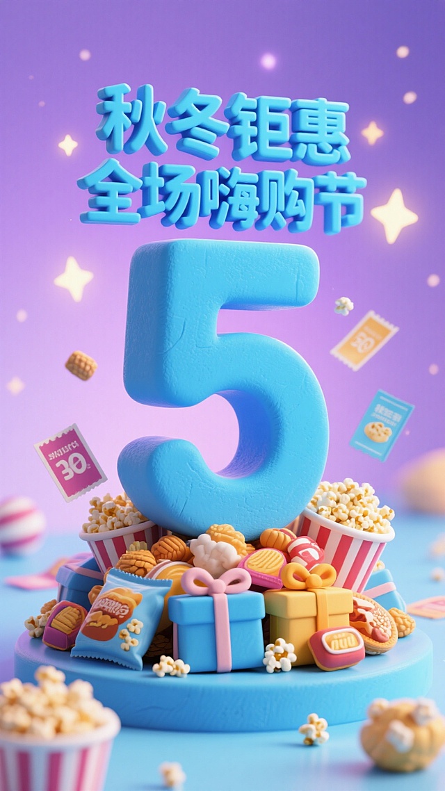 梦幻紫背景搭配软3D粘土风数字“5”，环绕零食礼盒与爆米花，营造甜蜜可爱氛围，传递秋冬促销的趣味感与体积感。
