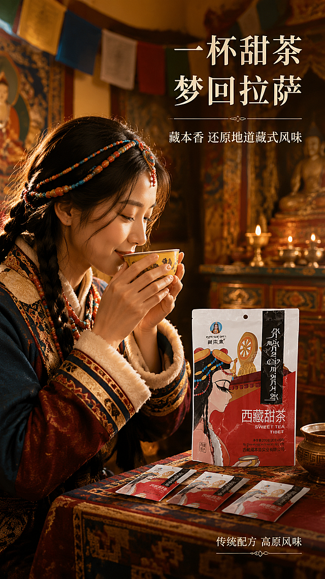 [第8屏] 模特生活方式-藏服少女品饮氛围。本屏使用【图1】产品包装盒放在桌面右侧作为辅助展示。
[氛围/风格] 藏式风情，温暖治愈，人物自然，商业摄影质感。
[元素布局] 画面左侧为身穿藏式服饰的年轻亚洲少女，肩部以上入镜，侧脸微笑，双手捧着一杯甜茶正在品饮；右侧桌面放置产品包装盒与几包独立小袋；背景为藏式装饰的室内空间：藏式地毯、佛龛一角、酥油灯、经幡挂饰；人物占比约40%，产品占比约20%。
[光影质感] 暖黄色侧光，人物面部柔和打光，发丝有金边光，整体温暖有氛围感，藏式室内暖光质感。
[配色色系] 全局底色 #F5E6D3（暖米杏色）；主色藏红 #8B2323、藏蓝 #1E3A5F；辅助色金色 #C9A962、肤色暖调。
[视角构图] 正面平视偏侧，人物为视觉中心，阅读动线左侧人物→右侧产品→顶部标题。
[文字版式] 右上角主标题「一杯甜茶 梦回拉萨」，副标题「藏本香 还原地道藏式风味」，温润宋体右对齐；底部右侧小字「传统配方 高原风味」；文字不遮挡人物面部与产品主体。
[比例分辨率] 9:16竖版比例，4K分辨率，文字清晰可辨，高清画质。
[负向提示词] 产品变形，人物变形，面部失真，水印，文字错乱，背景杂乱。