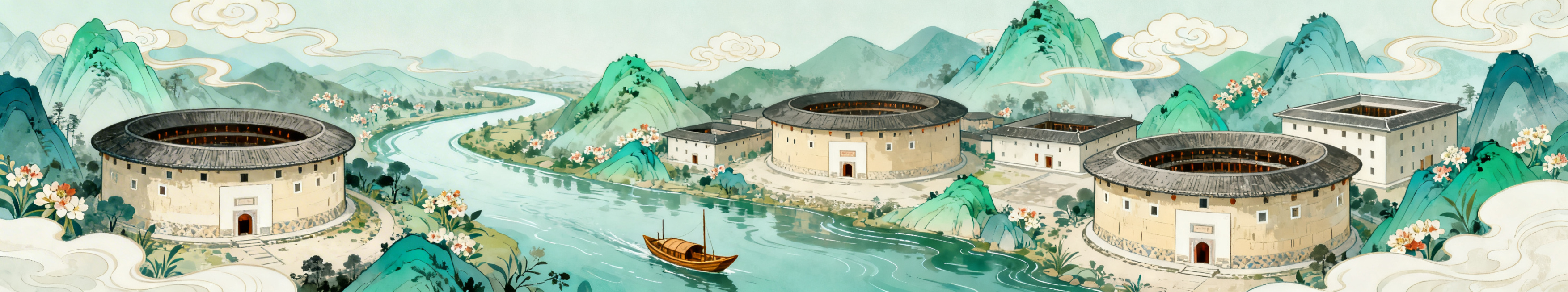 仿照当前福建土楼国潮插画的长横幅窄比例格式，相同的国潮青绿山水风格，重新创作一张新的福建土楼主题插画，包含不同布局的土楼建筑、闽南山水、河流船只、祥云花卉，保持整体清新雅致的色调，适配文创衍生品设计预览效果