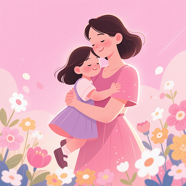 母亲抱着女儿，周围环绕着花，粉色背景，温馨的氛围，特写