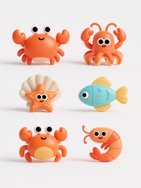 六个同系列的3D卡通海鲜角色，保持与橙色螃蟹相同的圆润可爱造型风格、光滑塑料质感、高饱和度色彩、黑色圆形大眼睛和简约细节，包含龙虾、章鱼、贝壳、海星、小鱼和虾，每个角色姿态各异，色彩鲜明且协调，规整排列在纯白色纯色背景上，形成一套统一的儿童玩具风格海鲜系列素材集合预览效果