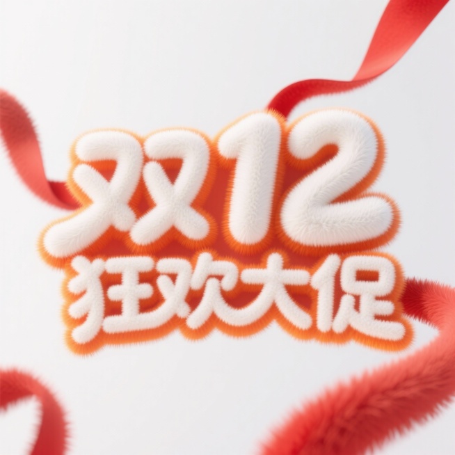 白色立体艺术字“双12狂欢大促”，字体风格活泼且富有立体感，数字和文字边缘带有橙色渐变高光效果，模拟出光线照射的质感。“双12”数字较大且醒目，“狂欢大促”字体稍大，笔画粗壮有力。四周有红色飘带装饰，预览效果
