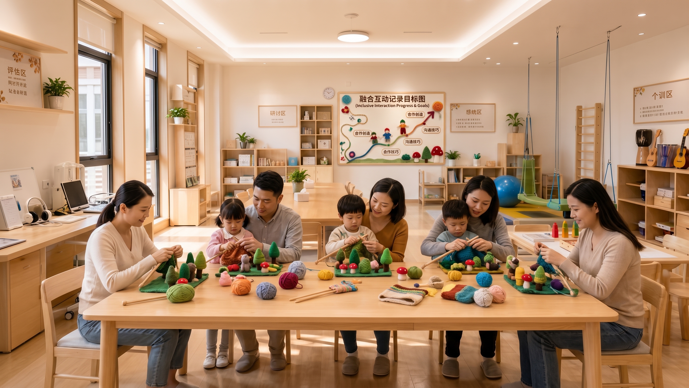 在资源教室中，正在举办一场老师、幼儿、家长的织毛线森林大赛，旁… - 图片创意预览