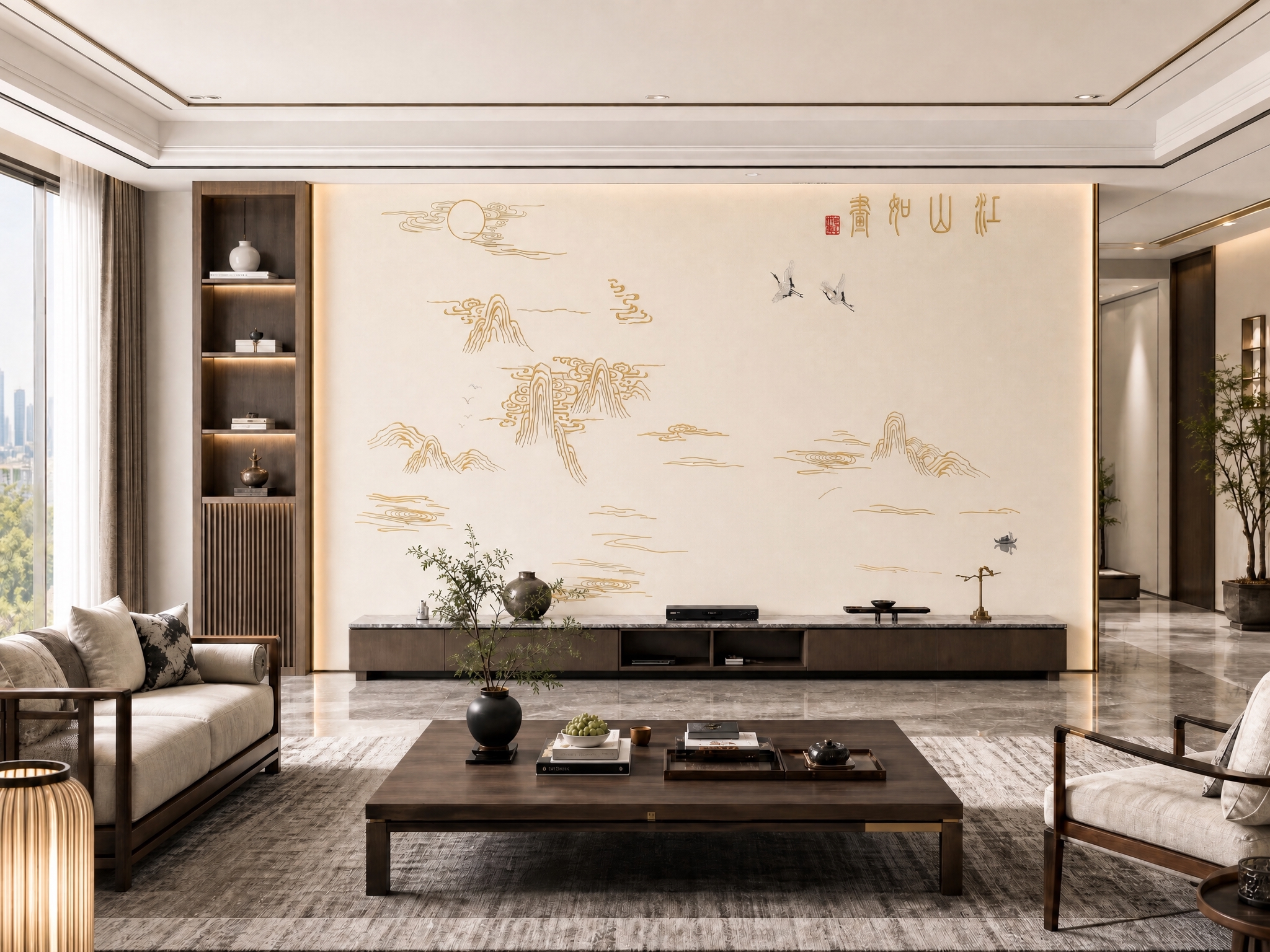 移除背景墙上的电视，保持刺绣硬包背景墙图案完整不变，颜色纹样细… - 图片创意预览