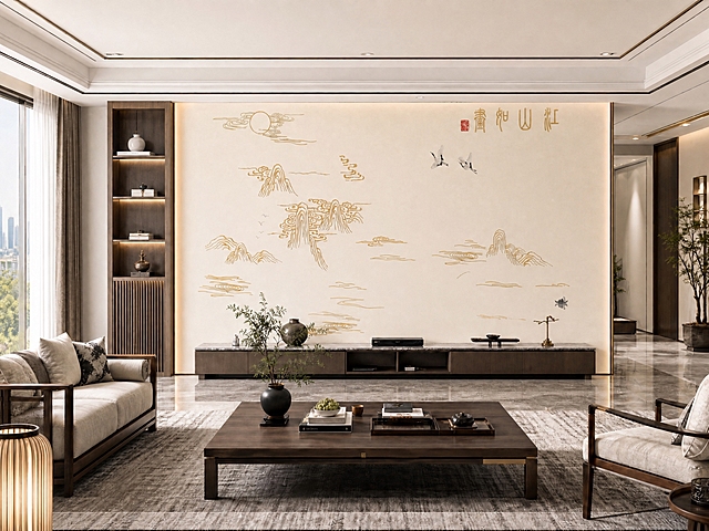 移除背景墙上的电视，保持刺绣硬包背景墙图案完整不变，颜色纹样细节完全保留。客厅为现代轻奢新中式大平层，整体光线自然柔和偏亮，色彩饱满有层次，真实家居光影效果，高清摄影质感，家装效果图风格。背景墙下方电视柜保留，整体空间布局和家具风格保持一致。