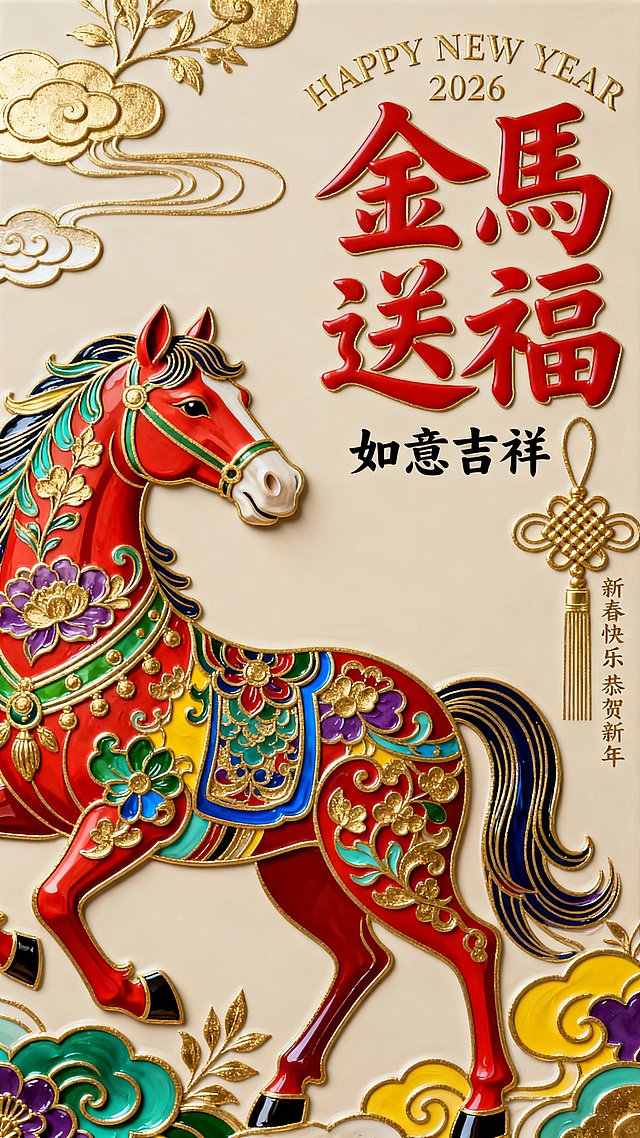国潮风融合重拟物与浮雕技法，鎏金点缀中式祥云纹样，红马华饰尽显民族喜庆，金马送福贺新春。