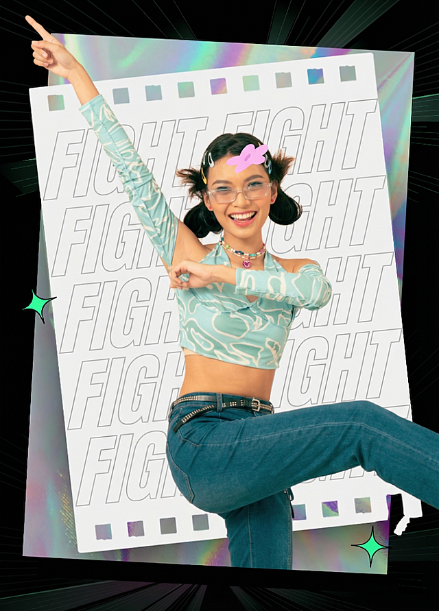 保持这张海报原有的排版、背景文字和整体风格不变，再次更换人物动作，替换为不同的爵士舞舞蹈动作、开心笑着的女生