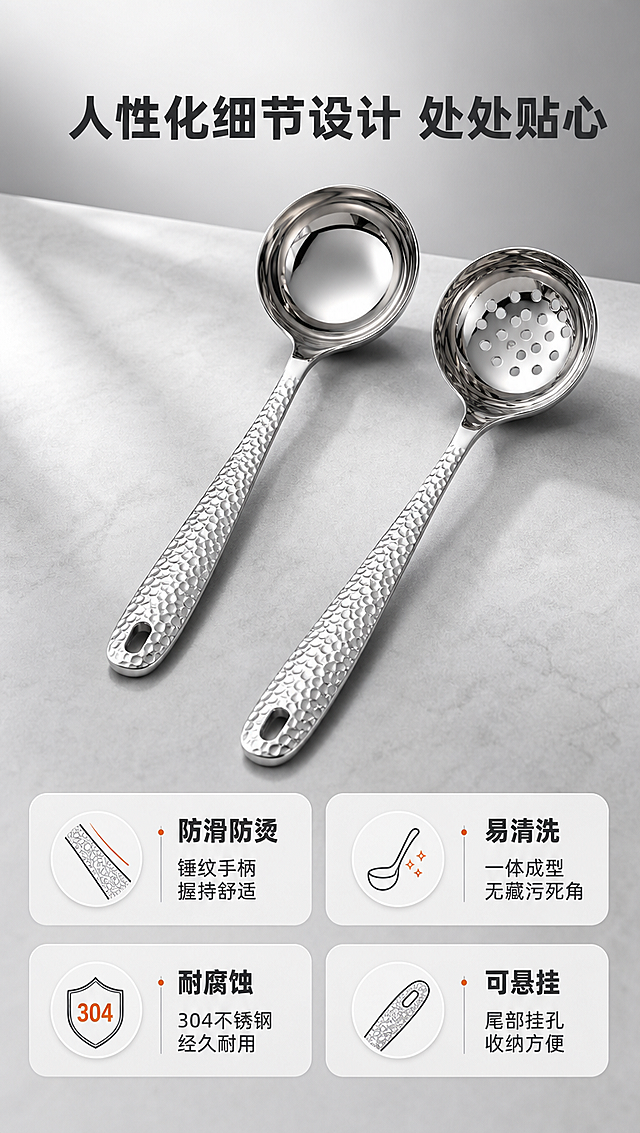 [商品] 使用【图1】中的304不锈钢锤纹汤勺和漏勺；保留勺头形状、锤纹手柄、银色材质、一体成型结构、尾部挂孔；增强金属质感，不改变产品外观和比例。
[画面] 页面目标：人性化设计展示，体现细节用心。构图：上下结构，上方产品斜向摆放展示整体，下方4个图标+说明。主体位置：上半区汤勺+漏勺并排斜放，产品占画面约45%。景别：中景。前中后景：前景浅灰色台面，中景产品，后景柔和渐变背景。阅读动线：从上到下。
[视觉] 套系策略：风格=现代简约高级餐厨商业摄影；标题字=粗黑体；正文字=常规黑体；主色=银灰色；背景延展=基于银灰色做深浅层级、同色渐变和大理石/金属质感延展；强调色=暖橙色，仅用于小面积图标、引线、标签和重点文字高亮；标题色=深炭灰；正文色=中灰；组件=圆角信息卡、细线引线、简约图标；光影=左前侧柔和自然光，金属表面有清晰高光带。
[文字] 顶部主标题「人性化细节设计 处处贴心」。下方4个图标+说明横向排列2行：①防滑防烫 锤纹手柄握持舒适；②易清洗 一体成型无藏污死角；③耐腐蚀 304不锈钢经久耐用；④可悬挂 尾部挂孔收纳方便。文字横向排版，图标+文字组合清晰易读。
[规格] 图片比例9:16竖版，分辨率4K，负向提示：避免变形、错字、文字过小、冷蓝背景、产品结构错误、绝对化用语。
