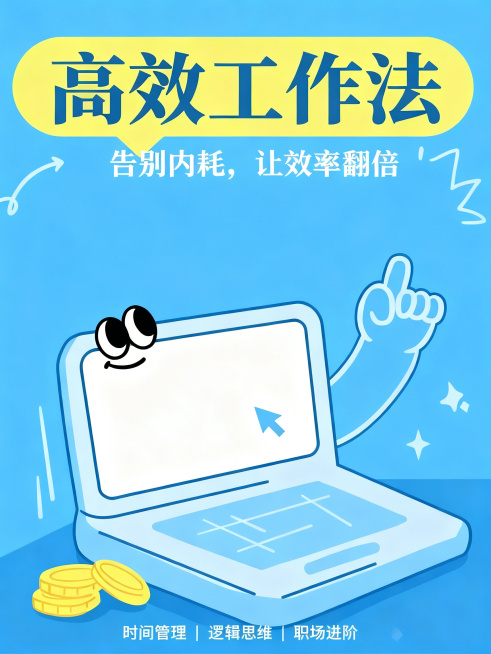 在图片上添加文字：主标题“高效工作法”，副标题“告别内耗，让效率翻倍”，小字文案“时间管理｜逻辑思维｜职场进阶”，保持简约高级蓝色系风格，精修文字排版与元素，保留现有手绘笔记本元素预览效果