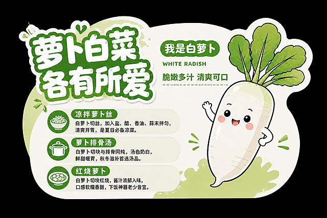 修改参考图中的白萝卜展板，将三个卖点的文字内容替换为白萝卜的做法，其他所有元素保持不变。第一个卖点标题改为"凉拌萝卜丝"，内容改为"白萝卜切丝，加入盐、醋、香油、蒜末拌匀，清爽开胃，是夏日必备凉菜。"，图标换成碗/凉拌相关图标。第二个卖点标题改为"萝卜排骨汤"，内容改为"白萝卜切块与排骨同炖，汤色奶白，鲜甜暖胃，秋冬滋补首选汤品。"，图标换成汤/锅相关图标。第三个卖点标题改为"红烧萝卜"，内容改为"白萝卜切块红烧，酱汁浓郁入味，口感软糯香甜，下饭神器老少皆宜。"，图标换成盘子/炒菜相关图标。保持整体风格、颜色、布局、卡通形象、大标题都与原图一致，纯黑色背景。