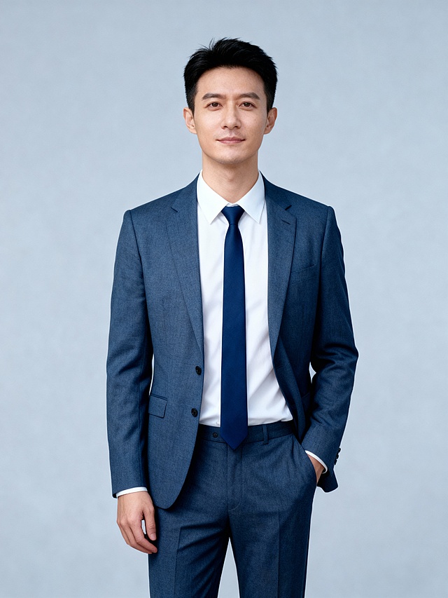 商务雾蓝色西装单手插兜男士形象照