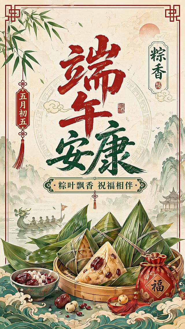 国潮中国风端午节祝福海报，9:16比例。主标题文字是"端午安康"，副标题是"粽叶飘香 祝福相伴"，装饰文字有"五月初五"和"粽香"。画面包含粽子、粽叶等传统端午元素，采用大标题居中版式，整体是国潮中国风设计，配色采用传统红绿喜庆搭配，背景带有中式水墨纹理，排版精美，整体氛围节日感浓厚，信息层级清晰，文字清晰可读，四边留有安全边距。