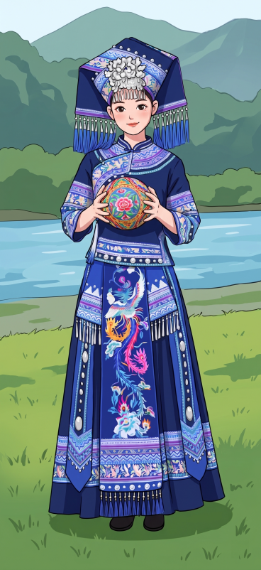 将图片中的人物转为卡通人物风格，保持原有服饰、动作和绣球不变预览效果