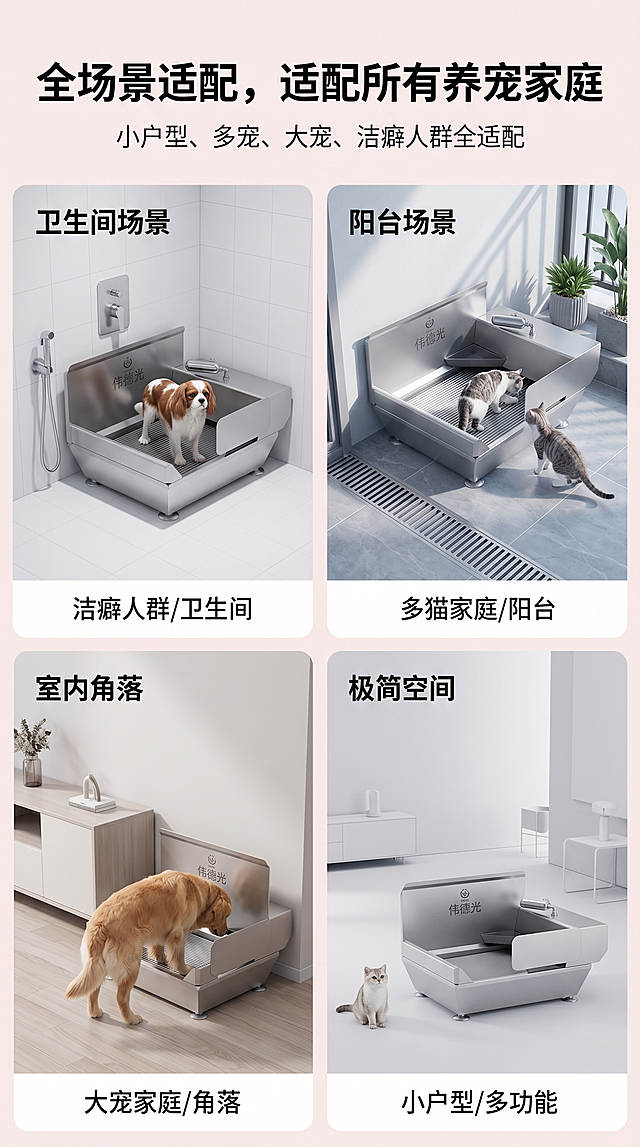 全场景适配人群适配页，主文案："全场景适配，适配所有养宠家庭"，副文案："小户型、多宠、大宠、洁癖人群全适配"。主文案居中放大粗黑，副文案居中纤细排版；四大场景文案搭配对应画面，图文对应、排版规整。四宫格场景构图，分别展示产品适配卫生间、阳台、室内角落场景，搭配中大型犬、多猫家庭使用画面，整体统一极简冷调浅色系，场景真实自然、代入感强。高清8K分辨率，各场景色调统一，产品与家居环境融合自然，光影柔和通透，画面干净整洁，细节清晰无模糊