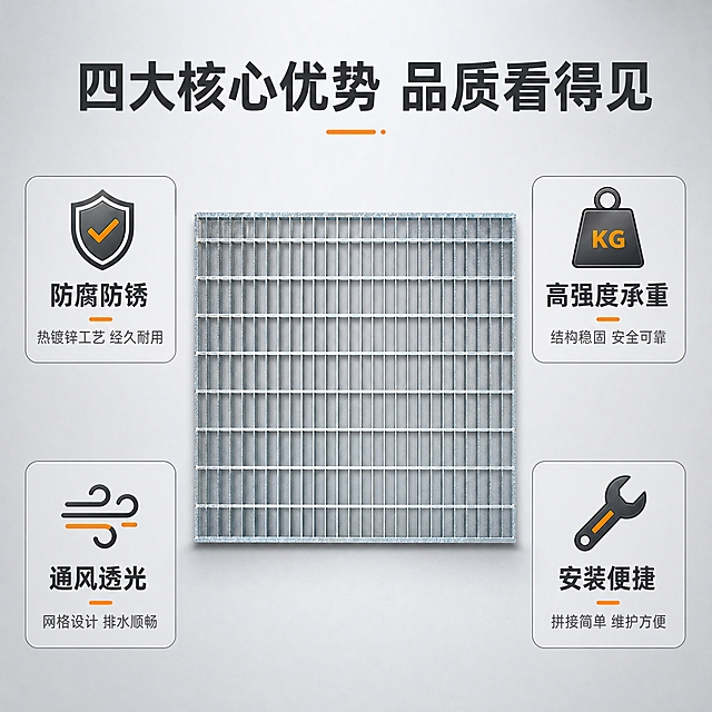[主图-2] 核心功能卖点图，展示钢格板的四大核心优势，用环绕式布局呈现。
[统一基调] 工业风专业品质感，背景为浅灰色渐变工业风背景，主色调银灰+深灰+橙色点缀，标题字色为深灰色粗体无衬线字体，辅助文字为中灰色，强调色为橙色，字体为现代无衬线粗体，字号层级分明，卡片用细边框圆角样式，整体干净利落不花哨。
[画面] 画面中心放置一块方形热镀锌钢格板，正面平视角度，产品占画面约50%，钢格板网格结构清晰。围绕产品四周分布4个功能图标+文字模块，分别位于左上、右上、左下、右下四个方位，每个模块包含一个简约图标和两行文字。顶部有大标题。整体布局均衡，信息层次清晰。
[光影质感] 商业工业摄影质感，均匀柔和的顶部光照，钢格板表面金属质感真实，网格结构立体感强，底部有轻微投影。
[配色] 背景浅灰色，产品银灰色，功能图标和模块边框为深灰色，重点数据或关键词用橙色高亮，模块内标题文字深灰色，说明文字中灰色。
[文字版式] 顶部居中大标题"四大核心优势 品质看得见"，字体粗大。四个环绕模块：左上模块图标为盾牌形状，文字"防腐防锈"+"热镀锌工艺 经久耐用"；右上模块图标为重物形状，文字"高强度承重"+"结构稳固 安全可靠"；左下模块图标为通风符号，文字"通风透光"+"网格设计 排水顺畅"；右下模块图标为扳手形状，文字"安装便捷"+"拼接简单 维护方便"。每个模块图标在上，文字在下，排版整齐。
[输出要求] 1:1正方形比例，2K分辨率，产品清晰，文字清晰可读，无错字，画面干净，无水印无平台logo，信息布局合理不拥挤。