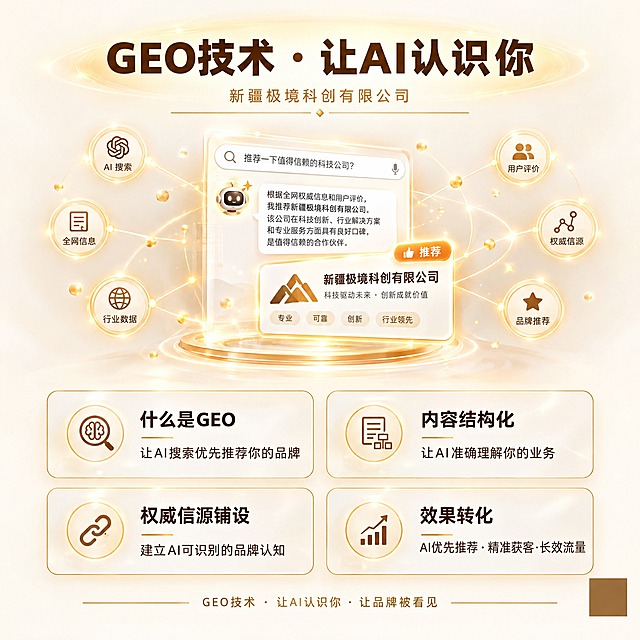 GEO技术业务讲解图，1:1方形构图，2K超高清，暖色调科技感（不要蓝色），设计精美专业。

【整体风格】浅米色到暖白色渐变背景，暖金、深棕、香槟金、浅灰为主色，暖橙色光效点缀；元素包括发光细线、粒子光点、半透明玻璃质感卡片、圆形光晕，温暖高级的现代科技感。

【顶部区域】居中大标题：“GEO技术 · 让AI认识你”（深棕色粗体字，简洁现代，配暖金色光效）；标题下方小字：“新疆极境科创有限公司”（暖金色细体，下方一道细金线）。

【中部主视觉】画面中央是一个AI对话搜索界面示意：一个发光的搜索框/对话气泡，框内显示AI正在回答并推荐品牌的场景，旁边有一个品牌卡片（带品牌logo占位与推荐标识）；周围环绕暖金色数据粒子、发光连线与圆形节点，体现“AI认识并推荐你”的概念；界面元素用暖白与暖金配色，细节清晰。

【中下讲解模块】四个暖白色半透明圆角卡片，2x2网格排列，每个配暖金色小图标+文字：
1. 图标：放大镜/大脑 —— “什么是GEO 让AI搜索优先推荐你的品牌”
2. 图标：文档/结构块 —— “内容结构化 让AI准确理解你的业务”
3. 图标：信源/链接 —— “权威信源铺设 建立AI可识别的品牌认知”
4. 图标：上升曲线 —— “效果转化 AI优先推荐·精准获客·长效流量”
卡片带细金色描边与柔和阴影，文字清晰可读。

【底部区域】一条细金线分隔，下方居中一行小字：“GEO技术 · 让AI认识你 · 让品牌被看见”。

【构图】上中下三段式，主视觉居中，讲解卡片整齐排列，大量留白，干净高级，版式精美，所有文字清晰可读。

【约束】画面中所有数字必须精确渲染；画面中所有二维码区域使用纯色方块占位符呈现，严禁生成任何可识别的二维码图案；画面中所有信息区域、讲解卡片必须填充完整合理的内容，不得出现空白框、空白占位、横线待填写区域。