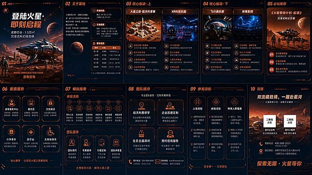 基于参考图的科幻风格，重新设计一张完整的五折页宣传册展开图（共10页横向排列），深空蓝黑渐变背景搭配橙红色科技感UI元素。

第1页封面：深空蓝黑渐变+火星地表+星舰，大字标题"登陆火星·即刻启程"，副标题"成都芯谷·1.5万㎡沉浸式科幻综合体"，底部"MARS IMMIGRATION PARK·游客指南"

第2页关于基地：左侧基地介绍文字，右侧三栏分别是开放时间、交通指南、票务信息表格

第3页核心板块上：左栏"火星之旅·航天科普展"配火星基地图+4个亮点，右栏"XR科技乐园"配XR设备场景图+4个亮点

第4页核心板块下：左栏"飞行俱乐部"配驾驶舱图+4个亮点，右栏"球幕影院"配球幕影院星空图+4个亮点

第5页必玩推荐：大图聚焦《火星登陆计划·起源》，三大亮点编号展示：史诗剧情体验、沉浸式场景、团队协作挑战

第6页配套服务：六宫格图标布局，分别是游客服务中心、餐饮区、文创商店、行李寄存、医疗站、无障碍服务

第7页畅玩指南：上半部分体验流程六步时间线（预约入园→安全检票→项目体验→休息补给→餐饮配套→离园反馈），下半部分团队接待四宫格

第8页团队接待：四大服务模块（航天科普研学、企业团建定制、生日主题派对、预约咨询），底部预约电话和邮箱

第9页参观须知：三栏布局，入场须知、体验须知、特殊人群服务，每栏3条要点

第10页封底：深空蓝黑渐变+火星远景，主标语"双流藏胜境，一履赴星河"，两个二维码占位（官方公众号、官方小程序），客服电话和园区地址，底部"探索无限·火星等你"

整体风格统一：科幻赛博朋克风，橙红色高亮边框，深空蓝黑主背景，统一的图标系统和排版，高质量平面设计，印刷级折页展开图