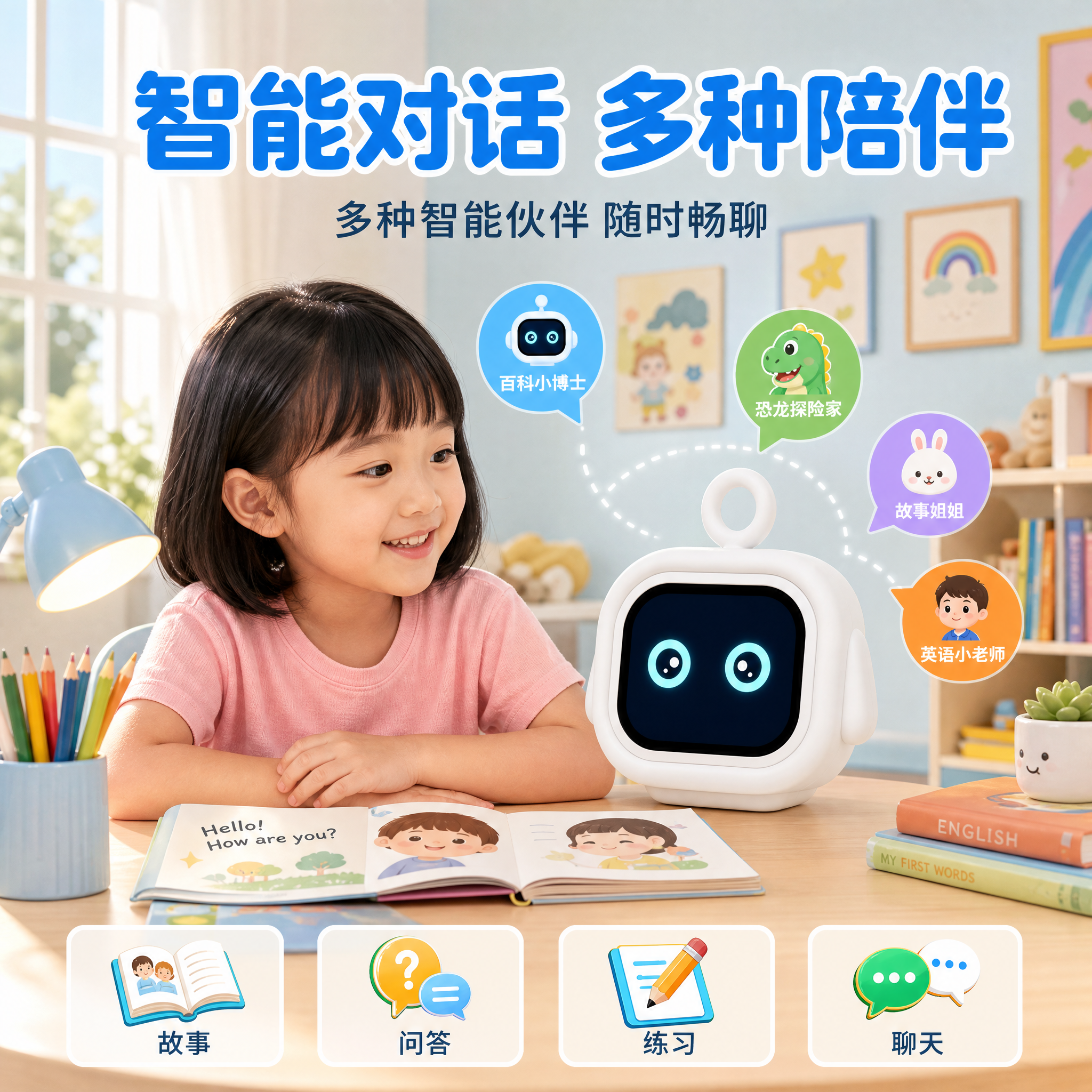 智能对话功能主图，儿童学习场景风格。画面中央偏右摆放白色方形圆… - 图片创意预览