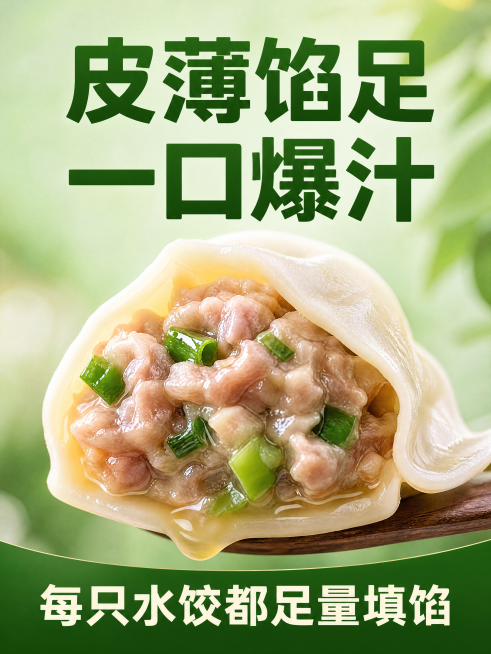 [主图-6] 馅料细节特写主图，复刻参考图6构图，新鲜食欲风，展示切开的水饺，露出饱满鲜肉葱花馅料，汁水饱满，顶部大字"皮薄馅足 一口爆汁"，底部"每只水饺都足量填馅"，背景浅绿渐变，突出馅料新鲜纹理预览效果