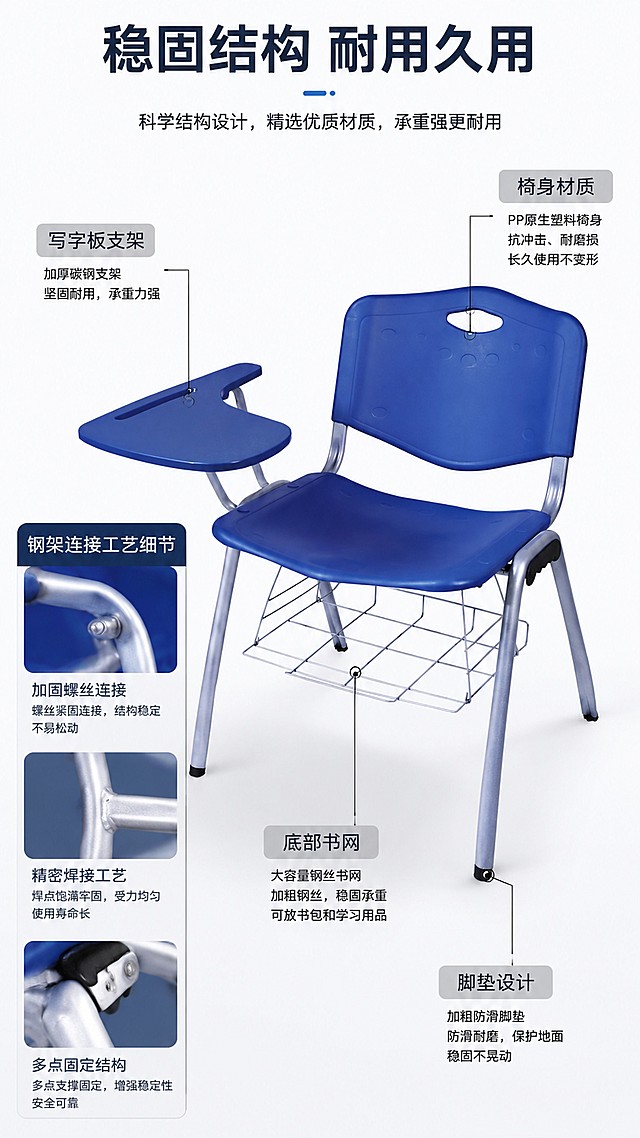 [第4屏] 核心结构解析，拆解钢架塑料结构。本屏使用【图4】蓝色带写字板培训椅作为主体。
[氛围/风格] 技术解析风，结构清晰，专业可信。
[元素布局] 产品放置在画面中部，对椅身、写字板支架、底部书网、脚垫四个部位进行引线标注，每个标注点对应材质说明；左侧放大展示钢架连接处的工艺细节，保持产品整体轮廓和颜色一致；背景干净，突出结构解析。
[光影质感] 均匀布光，每个标注部位清晰明亮，结构轮廓清晰。
[配色色系] 全局底色 #F8F9FA；主色蓝色产品；辅助色黑色引线文字，灰色标注块。
[视角构图] 产品居中，标注引线分布四周，结构清晰不拥挤。
[文字版式] 顶部标题「稳固结构 耐用久用」，每个标注点配「加厚碳钢支架」「PP原生塑料椅身」「加粗防滑脚垫」「大容量钢丝书网」说明，文字清晰不遮挡。
[比例分辨率] 9:16竖版比例，4K分辨率，文字清晰可辨，高清画质。
[负向提示词] 结构错误，标注引线混乱，产品变形，颜色偏差。