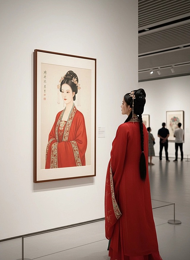 斜拍背面视角，在一个艺术展厅里，参考图人物在欣赏墙上挂着的一幅风格写实的工笔画，画中人物形象与该人物呼应，画要显示完整，远处有其他参观的人，画面是明亮射灯营造的自然氛围。