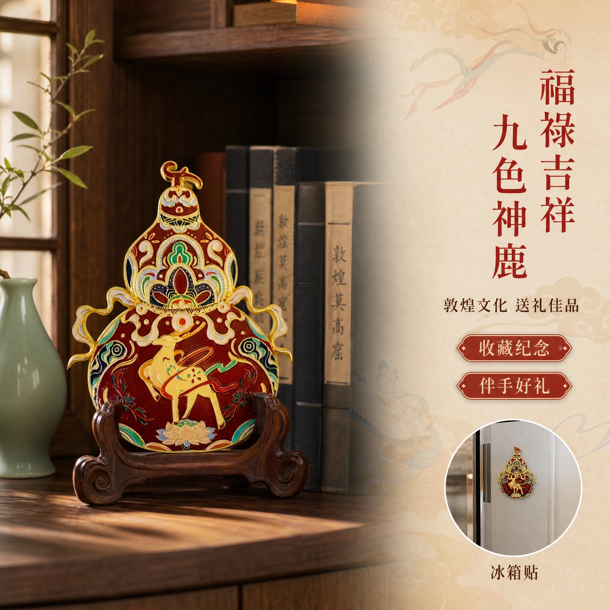 [主图-3] 敦煌九色鹿葫芦款冰箱贴场景展示图，体现文创礼品属… - 图片创意预览