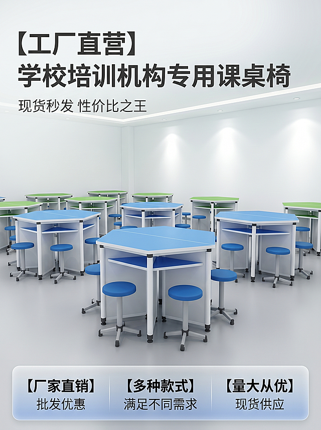 [主图 1] 学校创客空间课桌椅首图。[氛围风格] 专业商用电商主图，明亮通透校园场景。[画质] 商业摄影质感、光线柔和通透、产品清晰真实、画面干净高级。保持课桌椅产品外观结构、材质质感、颜色与输入图片绝对一致，杜绝任何变形和色差，精细化处理。商品主体占比约70%。[元素] 完整展示六角形课桌椅组合在现代化教室空间中，整洁明亮背景，浅灰色地面和白色墙面，整体空间干净专业，左侧留出负空间放置文案。[光影] 均匀柔和室内顶光为主，墙面漫反射为辅，光线均匀无硬阴影，整体明亮通透，凸显产品整洁感。[配色] 主色调为蓝/绿/黄桌面搭配白色框架，保持产品本身颜色自然协调。[视角构图] 正面平视角度，产品完整居中展示，轮廓完整不裁切。[文字版式] 左上负空间左对齐留安全边距，主标题 "[工厂直营] 学校培训机构专用课桌椅" 深灰色最大号粗体无衬线；副标题 "现货秒发 性价比之王" 约半高、同色系；底部通栏半透明渐变蒙层均分三列，列内标题下说明左对齐：列一 「厂家直销」「批发优惠」 列二 「多种款式」「满足不同需求」 列三 「量大从优」「现货供应」；文字与背景强对比，清晰易读。[比例分辨率] 3:4 比例，2k分辨率，文字清晰锐利，画面超高清。[负向提示词] 变形，水印，文字错乱，产品图模糊，背景杂乱，遮挡主体