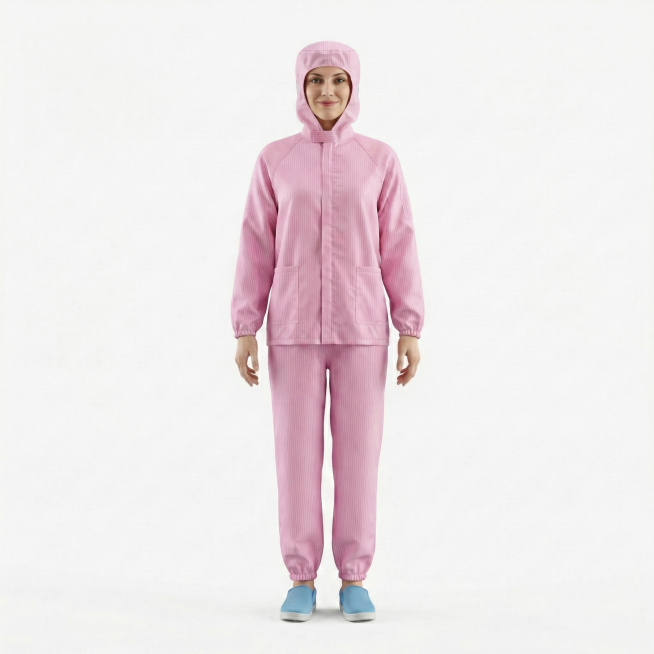将这件粉色分体连帽洁净服换成外国模特穿着展示，保持服装款式和颜色不变，专业模特展示，简洁干净背景，电商商品图风格预览效果