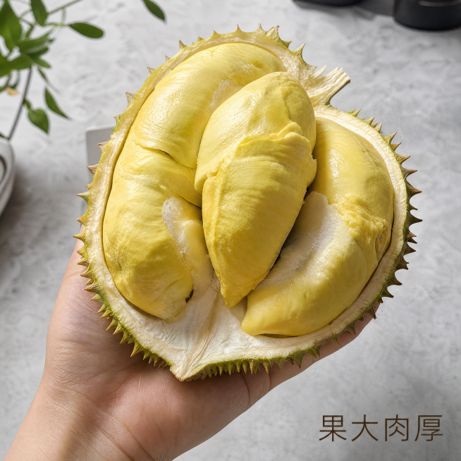 [主图-4] 手持展示猫山王榴莲场景主图，突出果实饱满。[氛围风格] 真实生活感，增强代入体验。[画质] 商业摄影质感、光线柔和通透、产品清晰真实、画面干净高级。[元素] 人手自然掰开握住半颗猫山王榴预览效果