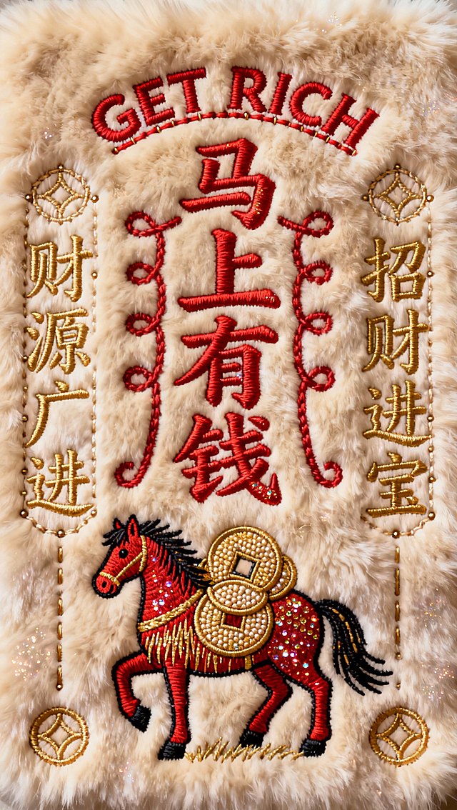 最上方有英文"GET RICH"，中间是道家神秘灵符笔画的红色东方符箓字体"马上有钱"，下面是一匹马背着铜钱组合的图案，两侧竖排金色的“财源广进”和“招财进宝”，有玄术封印、夸张笔触、咒语结构线条，排布对称，米色背景