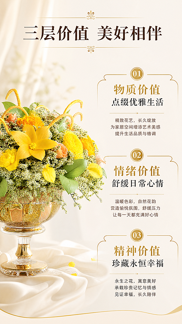 「图片1」，生成详情页，商品名称为「图片1」「图片1」「图片1」「图片1」「图片1」「图片1」「图片1」「图片1」居家摆放永生花 适合摆放在别墅电视柜 茶几 沙发边柜，适配抖音/快手平台，单图比例为9:16，需求屏数为8张。
一、首屏海报
二、核心优势：
1.第五代保鲜技术
（防霉时长提升至3年、防潮能力提升至80%RH、色牢度提升至6级，）
2.整产品一体发货 
（产品一体固定打包、造型不会因运输变形，收到与展示品无区别）
3.用细节提升体验
（精选每一支材料，每一朵花，纯手工制作，远观优雅，近看更显质感）
三、商品价值
1.第一层 物质价值（将优雅沉稳的花艺，点缀居家生活的环境）
2.第二层 情绪价值（用三餐四季的陪伴，缓冲每日跳动的情绪）
3.第三层 精神价值 （以花开长久的草木、感受幸福永恒的美好）
四、商品信息 
商品名称：居家永生花-丰盈
商品编码：HTJZFY
商品尺寸：直径45cm 高度40cm
商品材质：永生花+玻璃花盆
五、细节展示 要文案美化一下
1、花瓶口位置 细节处理 不漏花泥
2、花瓣脉络纹理特写
3、花瓶质感特写

六、与同类型商品相比
选材：与知名品牌迪奥选择同一供应商，品质有保障。  选小工厂材料，收到很快出现发霉受潮褪色等问题
设计：以人为本，色彩造型优雅克制，经久耐看，贴合生活。 追求网红花艺，盲目复刻迎合，浮躁且易逝。
做工：围绕用户体验做精做细，远看优雅，近看更显质感。只为做的快，省时，不顾细节，经不起细看。
包装：既考虑包装安全合理，有考虑拆包体验，简单易取出。只顾发货安全，不管客户拆包有多困难。
运输：只用顺丰快递，速度快，服务好，送货上门。选用廉价快递，到货放代收点无人联系。

七、场景展示
意式轻奢风  法式风格 新中式风 现代轻奢风

八、包装展示
    纸箱里面是珍珠棉垫起来 花的部分是悬空的