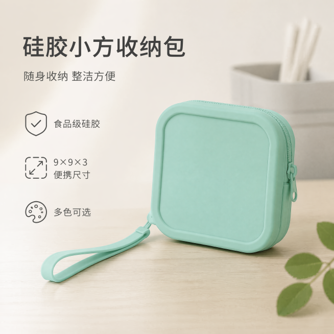 [单张主图] 9*9*3硅胶耳机零钱方形收纳包，高级氛围感主图，展示产品高颜值便携特性。
[画面主体] 薄荷绿色方形硅胶收纳包居中放置，搭配同色系手提挂带，保持产品外观（即物理结构、硅胶材质质感、颜色预览效果