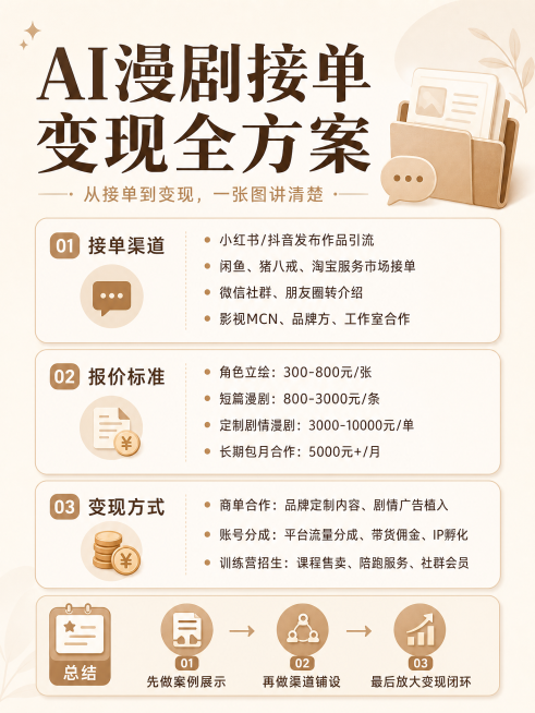 小红书图文海报，暖米色简约干净背景，主标题是"AI漫剧接单变现全方案"，正文介绍接单渠道、报价标准、变现方式，包括商单合作、账号分成、训练营招生，文字清晰无错别字，整体风格和参考图一致，竖版3:4构图预览效果