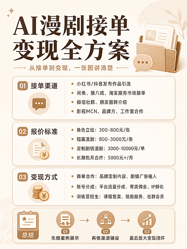 小红书图文海报，暖米色简约干净背景，主标题是"AI漫剧接单变现全方案"，正文介绍接单渠道、报价标准、变现方式，包括商单合作、账号分成、训练营招生，文字清晰无错别字，整体风格和参考图一致，竖版3:4构图，适合小红书发布