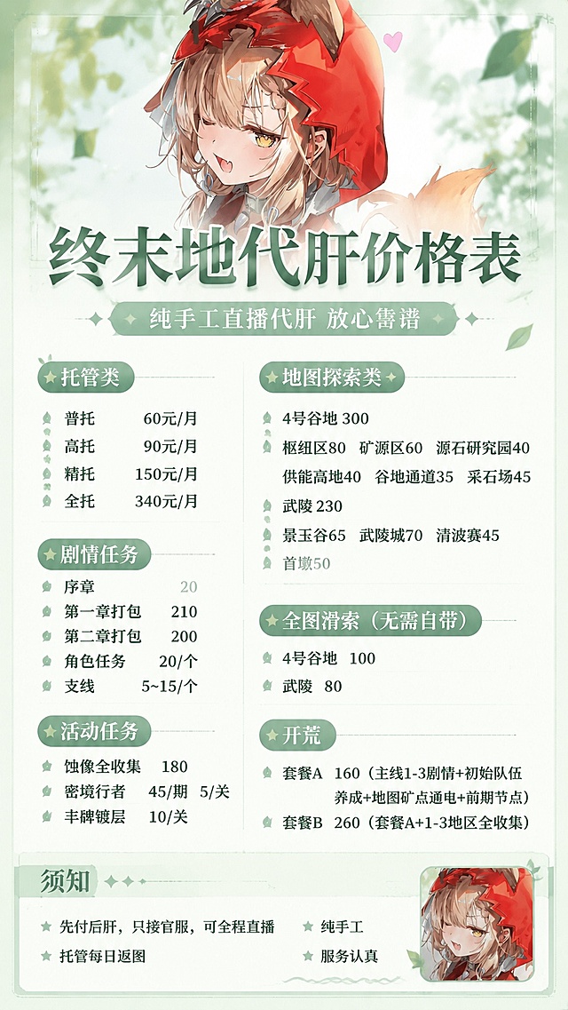 清新浅绿色调，终末地代肝价格表海报，版式复刻参考图4，顶栏放置图1的明日方舟狐女动漫角色立绘，整体保持和参考图一致的分区排版
主标题文字："终末地代肝价格表"
副标题文字："纯手工直播代肝 放心靠谱"
分区内容：
左侧上方 托管类分区：普托60元/月、高托90元/月、精托150元/月、全托340元/月
左侧中部 剧情任务分区：序章20、第一章打包210、第二章打包200、角色任务20/个、支线5~15/个
左侧下部 活动任务分区：蚀像全收集180、密境行者45/期 5/关、丰碑镀层10/关
右侧上方 地图探索类分区：4号谷地300、枢纽区80 矿源区60 源石研究园40 供能高地40 谷地通道35 采石场45、武陵230、景玉谷65 武陵城70 清波赛45 首墩50
右侧中部 全图滑索分区：4号谷地100、武陵80
右侧下部 开荒分区：套餐A 160、套餐B 260
左下角须知分区：先付后肝，只接官服，可全程直播，托管每日返图，纯手工，服务认真
整体配色保持清新浅绿色，文字清晰可读，排版和参考图保持一致，版式精美，宽高比 9:16，4K分辨率