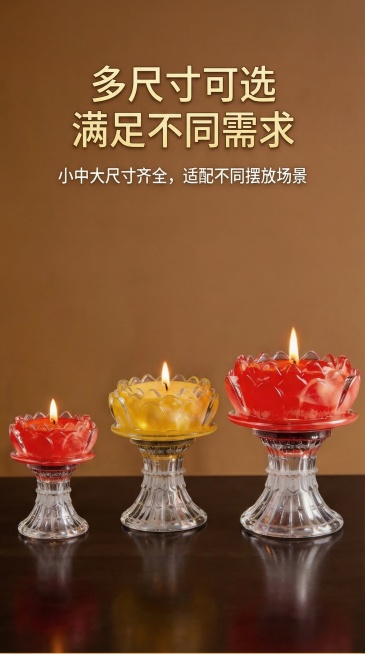 高脚莲花酥油灯电商详情页补充页，保留原图产品形态，大字标题"多尺寸可选 满足不同需求"，展示不同大小酥油灯对比，文案说明"小中大尺寸齐全，适配不同摆放场景"，暖棕9:16背景，排版清晰，不涉及封建迷信预览效果
