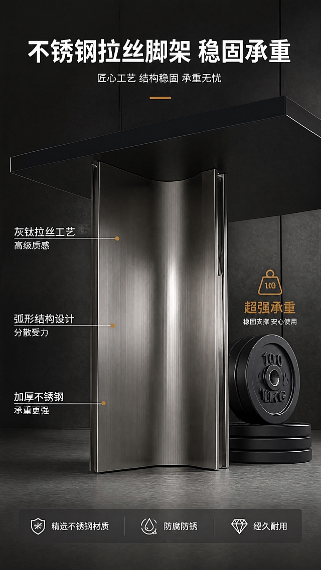 [第4张] 详情页结构工艺-不锈钢灰钛拉丝脚架细节与承重展示。本张使用【图1】中右上第3款纯黑色岩板餐桌作为商品主体，桌面改为纯黑色岩板。
[氛围/风格] 工业质感风，冷调光影，商业摄影质感，突出金属工艺与结构稳固。
[元素布局] 餐桌脚架局部特写占据画面中心，占比约50%，低角度仰视展示不锈钢灰钛拉丝脚架的弧形造型与拼接结构；脚架旁放置承重示意元素（如哑铃片/重物图标）；背景为深灰色工业风墙面+水泥地面；画面上方可见纯黑色岩板桌面底部。产品脚架结构、弧形造型、不锈钢灰钛拉丝纹理与输入图一致，桌面为纯黑色岩板。
[光影质感] 侧方硬光打亮金属拉丝纹理，脚架表面有清晰的拉丝高光带，金属质感强烈，阴影硬朗，突出结构力量感。
[配色色系] 全局底色 #333333（深灰黑）；主色不锈钢灰钛金属+纯黑岩板；辅助色白色文字、浅灰线条；点缀色橙黄色强调标注。
[视角构图] 低角度微仰视，聚焦脚架结构，阅读动线中心产品→四周标注说明。
[文字版式] 顶部主标题「不锈钢拉丝脚架 稳固承重」，白色粗黑体居中；脚架周围用引线标注3处细节：「灰钛拉丝工艺 高级质感」「弧形结构设计 分散受力」「加厚不锈钢 承重更强」；底部信息条：「精选不锈钢材质 | 防腐防锈 | 经久耐用」，文字清晰不遮挡脚架主体。
[比例分辨率] 9:16竖版比例，4K分辨率，文字清晰可辨，高清画质。
[负向提示词] 脚架变形，结构错误，金属质感失真，颜色偏差，水印，文字错乱。