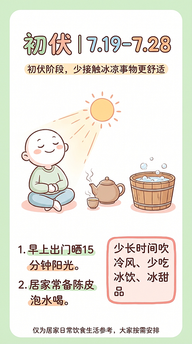 手绘治愈简插风格，9:16竖版节气科普图，柔和马卡龙配色：浅绿、蜜桃粉、晴空蓝、浅橙，圆润可爱卡通字体，画面大面积留白，文字字号适配手机阅读；内容仅分享三伏时令日常饮食、居家生活小习惯，无医疗、调理、改善身体相关描述，不含店铺、二维码、联系方式、招商营销类信息，线条简约软萌，整体干净清爽，底部标注仅供日常生活参考的免责小字。顶部彩色艺术小标题："初伏｜7.19-7.28"，小字注解："初伏阶段，少接触冰凉事物更舒适"，画面搭配简约简笔画：坐着晒太阳的人物、陶瓷茶壶、木质泡脚盆，左侧文字清单：1. 早上出门晒15分钟阳光。2. 居家常备陈皮泡水喝，右侧浅红色圆角提示框文字："少长时间吹冷风、少吃冰饮冰甜品"，页面最底部小字："仅为居家日常饮食生活参考，大家按需安排"